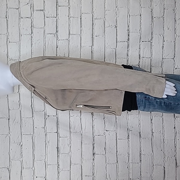 All Saints Dalby Slim Fit Cropped Suede Leather Biker Jacket in Taupe - Picture 5 of 17